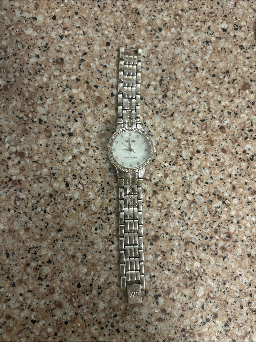 Anne Klein Silver-Tone Crystal Accent Bracelet Watch with Mother-of-Pearl Dial